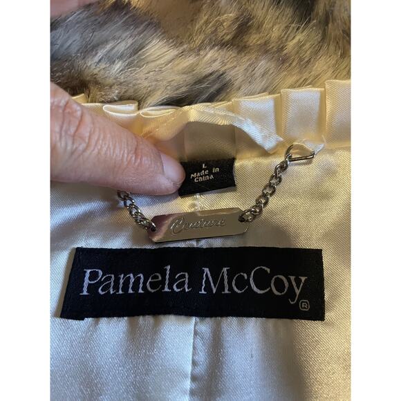 Pamela McCoy Vest Faux Fur Checkered Beige Black Gray Boho Pockets Woman's L - Picture 11 of 13